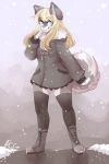  2018 anakoluth anakoluth_(character) anthro blonde_hair blue_eyes boots canid canine canis clothing domestic_dog female footwear hair hi_res husky jacket legwear looking_aside mammal nordic_sled_dog smile snow solo spitz standing stockings topwear 