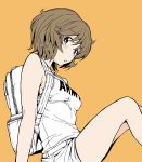  1girl akiyama_yukari aokaze_(mimi_no_uchi) armpit_peek backpack bag bangs belt breasts brown_hair chest_strap facing_to_the_side girls_und_panzer looking_at_viewer medium_breasts open_mouth short_hair shorts sitting solo uncolored yellow_background 