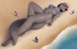  2020 anthro beach bikini biped bird&#039;s-eye_view breasts canid canine canis clothing digital_media_(artwork) female fluffy fluffy_tail fur grey_body grey_fur group high-angle_view highlights_(coloring) larger_female lying macro male mammal marje micro narrowed_eyes nipple_outline on_back paws red_highlights seaside size_difference smaller_male solo_focus swimwear wolf 