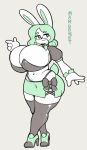  2018 4_fingers angstrom anthro big_breasts biped breasts clothed clothing digital_media_(artwork) female fingers footwear fur green_eyes green_hair grey_background hair hi_res high_heels huge_breasts lagomorph legwear leporid mammal rabbit shoes simple_background solo standing stockings thick_thighs white_body white_fur wide_hips 