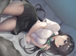  black_hair blue_eyes blush breasts couch long_hair original p!nta pantyhose school_uniform skirt tie 