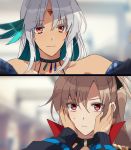  2girls amazuki_jou azur_lane body_markings bodypaint choker collarbone facial_mark feather_hair_ornament feathers forehead_mark gradient_hair green_hair hair_feathers hands_on_another&#039;s_face high_collar highres jacket jean_bart_(azur_lane) light_brown_hair long_hair massachusetts_(azur_lane) multicolored_hair multiple_girls native_american open_clothes open_jacket orange_eyes ponytail red_eyes strap two-tone_hair white_hair white_nails yuri 