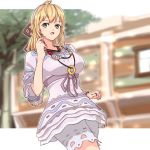  1girl blonde_hair blurry blurry_background blush bracelet breasts building cowboy_shot day dutch_angle fiorung green_eyes hairband jewelry large_breasts long_hair necklace open_mouth outdoors ribbon solo tekology tree underbust xenoblade_(series) xenoblade_1 