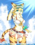  2020 absurd_res anthro breasts cloud day eyewear felid female fur goggles goggles_on_head green_eyes hi_res jewelry mammal mia_(world_flipper) navel outside pantherine smile solo stripes tiger treyer water world_flipper yellow_body yellow_fur 