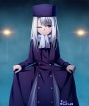  1girl ;) anime_coloring bangs blurry blurry_background coat coat_dress eyebrows_visible_through_hair fate/stay_night fate_(series) gyatto624 hair_between_eyes hat highres illyasviel_von_einzbern long_eyelashes long_hair long_sleeves looking_at_viewer night one_eye_closed outdoors purple_coat purple_headwear red_eyes scarf silver_hair skirt_hold smile solo standing straight_hair twitter_username white_scarf 