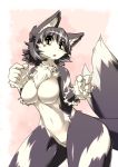  2019 5_fingers anthro breasts canid chest_tuft cute_fangs female fingers fur green_eyes grey_body grey_fur hair mammal naturally_censored navel nude open_mouth sakamata_orca simple_background solo thick_thighs tuft 