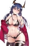  &gt;:( 1girl arknights ass_visible_through_thighs azur_lane bangs bare_shoulders bikini black_bikini black_legwear blue_hair blush breasts ch&#039;en_(arknights) collarbone commentary_request cosplay cowboy_shot dragon_horns great_lungmen_logo hair_between_eyes hand_on_hip head_tilt horns jacket large_breasts long_hair long_sleeves looking_at_viewer low_twintails navel off_shoulder open_clothes open_jacket red_eyes red_jacket simple_background solo standing stomach swimsuit taihou_(azur_lane) taihou_(azur_lane)_(cosplay) taihou_(enraptured_companion)_(azur_lane) thigh_strap thighhighs thighs twintails v-shaped_eyebrows white_background yuzuruka_(bougainvillea) 