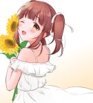  1girl back bare_shoulders blush bow dress facing_away flower frilled_dress frills gradient gradient_background hair_bow holding holding_flower idolmaster idolmaster_cinderella_girls idolmaster_cinderella_girls_starlight_stage looking_at_viewer nagi_7g ogata_chieri one_eye_closed open_mouth orange_eyes red_hair sidelocks solo spaghetti_strap sundress sunflower twintails white_bow 