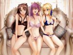  3girls :d artoria_pendragon_(all) bangs between_legs black_bra black_panties blonde_hair blue_bra blue_eyes blue_panties blue_ribbon bow bra breasts brown_bow brown_hair cleavage closed_eyes collarbone couch eyebrows_visible_through_hair facing_viewer fate/stay_night fate_(series) hair_between_eyes hair_bow hair_intakes hair_ribbon hand_between_legs highres indoors large_breasts lingerie long_hair matou_sakura medium_breasts multiple_girls nepodayo open_mouth panties purple_bra purple_hair purple_panties red_ribbon ribbon saber shiny shiny_hair short_hair sitting small_breasts smile straight_hair thigh_gap tohsaka_rin twintails two-tone_bra two-tone_panties underwear underwear_only very_long_hair white_bra white_panties 