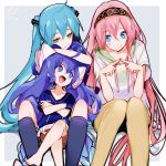  3girls aqua_eyes aqua_hair arm_on_head between_legs black_legwear blue_eyes blue_hair blue_headwear blue_shirt brown_pants commentary crossed_arms crossed_legs eel_hat expressionless fang fingers_together hair_ornament hairband half-closed_eyes hatsune_miku highres hood hoodie kneehighs large_hat long_hair looking_at_another megurine_luka miniskirt multiple_girls open_mouth otomachi_una pants pink_hair pleated_skirt pout shirt signature sitting skirt smile twintails v-shaped_eyebrows very_long_hair vocaloid wanaxtuco white_hoodie white_skirt 