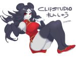  2016 anthro asian_clothing black_hair breasts butt clothing east_asian_clothing female footwear giant_panda hair mammal red_eyes shoes simple_background smile solo teteteko ursid white_background 