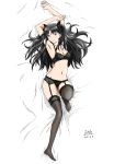  1girl 2015 arm_strap armpits arms_up bangs bed_sheet black_bow black_bra black_hair black_legwear black_panties blue_eyes bow bra breasts cleavage dakimakura dated eyebrows_visible_through_hair fate/stay_night fate_(series) from_above full_body garter_belt groin hair_between_eyes hair_bow hair_intakes highres lingerie long_hair lying medium_breasts navel on_back panties parted_lips rna_(angel-smelter) shiny shiny_hair sideboob solo thighhighs tohsaka_rin twintails underwear underwear_only very_long_hair 