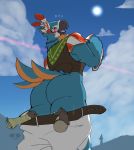  absurd_res anthro assisted_exposure avian big_butt blue_body blue_feathers blush bodily_fluids breath_of_the_wild butt clothed clothing cloud disembodied_hand feathers hi_res kass_(tloz) looking_at_viewer male nintendo pants_down partially_clothed rito securipun sky solo sun surprise sweat the_legend_of_zelda thick_thighs video_games 