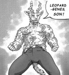  ! antelope anthro antlers arm_tattoo beastars bovid chest_tattoo clothed clothing crossover english_text eyes_closed fangs felid fist gazelle horn humor hybrid leopard leopard_spots male mammal melon_(beastars) meme monochrome muscular muscular_anthro muscular_male open_mouth pantherine pose prick_ears senator_armstrong_(metal_gear) simple_background solo spots spotted_body tattoo text topless unknown_artist veiny_muscles 