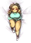  2017 anthro big_breasts blonde_hair blush bottomwear breasts clothing footwear hair high-angle_view looking_at_viewer shoes sitting skirt smile solo species_request teteteko yellow_body 
