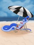  3:4 anthro beach bikini blue_body blue_hair blue_skin breasts clothing female hair hi_res jecca_qua looking_at_viewer naga non-mammal_breasts ponytail red_eyes reptile scalie seaside serpentine sitting skellabones snake solo swimwear umbrella 