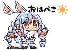  1girl :3 all_fours animal_ear_fluff animal_ears bangs black_gloves blue_hair blush bow braid brown_eyes brown_legwear bunny_ears carrot_hair_ornament chibi closed_mouth commentary_request detached_ears don-chan_(hololive) dress eyebrows_visible_through_hair food_themed_hair_ornament full_body fur-trimmed_dress fur-trimmed_gloves fur_trim gloves hair_between_eyes hair_bow hair_ornament hololive kanikama lowres multicolored_hair pantyhose short_eyebrows simple_background sun_(symbol) thick_eyebrows translation_request twin_braids twintails two-tone_hair usada_pekora virtual_youtuber white_background white_bow white_dress white_hair 