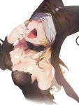  1girl bare_shoulders black_choker black_nails blonde_hair blush choker covered_nipples fingernails highres long_fingernails long_hair mivit nail open_mouth original piercing sharp_fingernails simple_background solo spikes teeth tongue tongue_out tongue_piercing upper_teeth white_background 