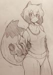  1girl animal_ears brand_new_animal clenched_hand eyebrows_visible_through_hair fur furry highres kagemori_michiru looking_at_viewer midriff mitsuba-sama_(milkba-ng) monochrome raccoon_ears raccoon_girl raccoon_tail short_hair sketch solo tail tank_top 