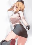  1girl absurdres akitaka_takaaki black_gloves blonde_hair blush breasts dutch_angle from_behind from_below garrison_cap girls_frontline gloves hat highres large_breasts looking_at_viewer mp40_(girls_frontline) pantylines short_hair sketch skirt skirt_lift solo standing standing_on_one_leg thighs white_background yellow_eyes 