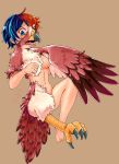  2020 avian beak bird blue_eyes breasts feathered_wings feathers female human_to_anthro looking_down negitorodon non-mammal_breasts nude open_mouth simple_background solo species_transformation talons transformation wings 
