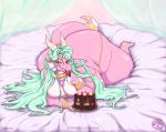  2019 anthro bedroom_eyes big_breasts big_butt blush bracelet breasts butt cake curvy_figure dragon ear_piercing female food grandmasterfdc green_eyes green_hair hair half-closed_eyes hi_res horn huge_butt jewelry licking lips lipstick long_hair looking_at_viewer lying makeup narrowed_eyes necklace on_front overweight overweight_anthro overweight_female piercing pink_body pink_scales red_lips red_lipstick scales seductive sharp_teeth smile solo teeth thick_thighs tongue tongue_out voluptuous wide_hips zyfirrax 