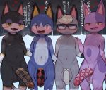  2020 animal_crossing anthro balls black_body black_fur blue_body blue_fur blush bob_(animal_crossing) bodily_fluids clothing cock_sock erection eyewear felid feline front_view fur genitals glasses grey_body grey_fur group hi_res japanese_text legwear looking_at_viewer male mammal nintendo nipples open_mouth penis penis_clothing punchy_(animal_crossing) purple_body purple_fur raymond_(animal_crossing) red_eyes rover_(animal_crossing) smile socks standing sweat syuro text translation_request video_games 