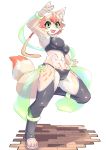  2020 anthro breasts canid canine cute_fangs female fox fur green_eyes hair looking_at_viewer mammal navel on_one_leg sakamata_orca simple_background smile solo standing tan_body tan_fur white_background 