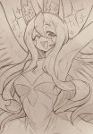  1girl ;d animal_ears armpits brand_new_animal breasts cleavage dress fang fox_ears fox_girl fur furry hair_between_eyes headset highres hiwatashi_nazuna looking_at_viewer medium_breasts mitsuba-sama_(milkba-ng) monochrome one_eye_closed open_mouth outstretched_arms sketch smile solo sparkle 