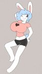  &lt;3 2019 angstrom anthro big_breasts black_bottomwear black_clothing black_pants blue_hair bottomwear boy_shorts breasts clothed clothing digital_media_(artwork) female fur hair hi_res huge_breasts lagomorph leporid mammal midriff molly_(angstrom) one_eye_closed pants pink_clothing pink_shirt pink_topwear rabbit shirt shorts smile solo topwear underwear white_body white_fur wink 