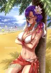  1boy 4girls against_tree ass_visible_through_thighs beach bikini black-framed_eyewear breast_press breasts character_request cleavage crossed_arms cu_chulainn_(fate)_(all) day earrings fate/grand_order fate_(series) flower front-tie_bikini front-tie_top gradient_hair groin hair_flower hair_intakes hair_ornament hair_ribbon halterneck highres innertube ishtar_(fate)_(all) ishtar_(swimsuit_rider)_(fate) jewelry lancer large_breasts leaning_back long_hair looking_over_eyewear matou_sakura mouth_hold multicolored_hair multiple_girls navel necklace outdoors parted_lips parvati_(fate/grand_order) pink_flower pink_ribbon profile purple_hair red_eyes red_ribbon ribbon rna_(angel-smelter) sarong shiny shiny_skin side-tie_bikini silver_hair solo_focus sunglasses swimsuit tree twitter_username 
