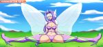  armor boots breasts clothed clothing cloud digimon digimon_(species) elemental_creature fairy female footwear hair hi_res humanoid inner_thigh insect_wings kazemon not_furry open_mouth outside purple_hair reit simple_background sky smile solo spread_legs spreading text url wings 
