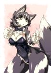 2019 5_fingers anthro bow_tie breasts canid clothing cute_fangs female fingers fur green_eyes grey_body grey_fur hair leotard mammal open_mouth sakamata_orca simple_background solo thick_thighs 
