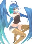 absurd_res bird_legs black_clothing black_topwear blue_hair blue_wings bottomwear brown_eyes camisole claws clothing feathered_wings feathers female grin hair hary hi_res hotpants humanoid knee_up monster_girl_(genre) monster_musume navel papi_(monster_musume) short_hair shorts simple_background smile solo tell1732 topwear white_background wings 