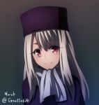  1girl anime_coloring asymmetrical_bangs bangs closed_mouth eyebrows_visible_through_hair fate/stay_night fate_(series) grey_background grey_scarf gyatto624 hair_between_eyes hair_intakes hat illyasviel_von_einzbern long_eyelashes long_hair looking_at_viewer purple_headwear red_eyes scarf silver_hair smile solo twitter_username upper_body 