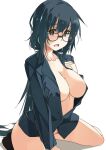  1girl areolae bangs black_eyes black_hair black_shirt bottomless breasts commentary glasses highres kneeling long_hair medium_breasts open_clothes open_mouth open_shirt original ponytail shikei shirt solo symbol-only_commentary white_background 