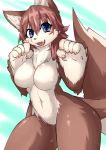  2019 5_fingers anthro blue_eyes brown_body brown_fur canid cute_fangs female fingers fur hair looking_at_viewer mammal naturally_censored navel nude sakamata_orca simple_background smile solo thick_thighs 