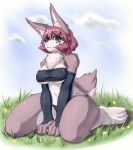  2014 anthro barefoot breasts chest_tuft clothed clothing cloud female fur grass green_eyes grey_body grey_fur lagomorph leporid looking_at_viewer mammal navel outside rabbit sakamata_orca smile solo thick_thighs tuft wide_hips 