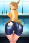 2020 blush breasts brown_hair butt female hair hand_on_butt hi_res human_to_anthro humanoid may_(pok&eacute;mon) nintendo one_eye_closed pok&eacute;mon raaggu rear_view solo species_transformation swimming_pool tail_growth transformation video_games 