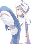  1other androgynous bangs bigur blonde_hair blue_eyes blue_hair blush brown_hair captain_nemo_(fate/grand_order) dress eyebrows_visible_through_hair fate/grand_order fate_(series) gradient_hair ikea_shark long_sleeves looking_at_viewer multicolored_hair one_eye_closed open_mouth sailor_dress solo stuffed_animal stuffed_shark stuffed_toy turban 