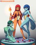  4:5 anthro anthrofied big_breasts blue_body blue_eyes blue_hair blue_skin breasts bulbasaur charmander clothed clothing elemental_creature female fire flaming_tail flora_fauna green_hair group hair hi_res looking_at_viewer nintendo nipples open_mouth orange_body orange_skin plant pok&eacute;ball pok&eacute;mon pok&eacute;mon_(species) pok&eacute;morph red_eyes red_hair reit reptile scalie shell simple_background smile squirtle standard_pok&eacute;ball video_games 