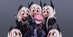  6+girls angry ar-15 bangs black_jacket blonde_hair clone closed_mouth english_commentary fang girls_frontline gun hair_between_eyes haonfest_art headgear helltaker jacket looking_at_viewer m4_sopmod_ii_(girls_frontline) mask mask_around_neck mod3_(girls_frontline) multicolored_hair multiple_girls open_clothes open_jacket open_mouth parody pink_hair red_eyes rifle sidelocks smile st_ar-15_(girls_frontline) streaked_hair upper_body weapon 