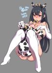  1girl 2020 agawa_ryou animal_ears artist_name bare_shoulders black_eyes black_hair blush boots breasts cleavage commentary cow_ears cow_horns dated grey_background high_heels horns large_breasts long_hair mouth_hold original signature simple_background solo stuffed_animal stuffed_cow stuffed_toy sweat thigh_boots thighhighs thighs white_legwear 