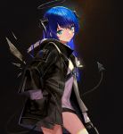  1girl arknights bangs black_gloves blue_eyes blue_hair closed_mouth commentary_request expressionless eyebrows_visible_through_hair fur-trimmed_jacket fur_trim gloves hair_between_eyes halo horns jacket long_hair long_sleeves looking_at_viewer mostima_(arknights) open_clothes shirt shorts solo takenokohd white_shirt 