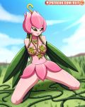  4:5 breasts clothed clothing cloud digimon digimon_(species) dress elemental_creature female flora_fauna green_hair hair hi_res humanoid kneeling lillymon not_furry outside plant reit simple_background sky smile solo spread_legs spreading topwear wings 