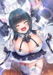  1girl azur_lane black_dress black_footwear black_hair black_ribbon blurry blurry_background breasts cheshire_(azur_lane) cleavage cleavage_cutout closed_eyes detached_sleeves dress eyebrows_visible_through_hair fang garter_straps hair_intakes hair_ribbon hanging_breasts highres indoors ken_ill leaning_forward leg_up maid_headdress multicolored_hair open_mouth raised_eyebrows ribbon short_hair skin_fang sleeveless sleeveless_dress smile solo sparkle standing standing_on_one_leg streaked_hair thighhighs thighs white_legwear white_ribbon wooden_floor 