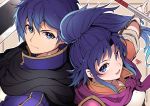  1boy 1girl blue_eyes blue_hair closed_mouth fire_emblem fire_emblem:_new_mystery_of_the_emblem highres kris_(fire_emblem) long_hair looking_to_the_side nakabayashi_zun open_mouth polearm ponytail short_hair sword upper_body weapon 