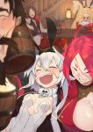  2boys 3girls absurdres ahoge alcohol anne_bonny_(fate/grand_order) bartholomew_roberts_(fate/grand_order) beard beer beer_mug black_hair blonde_hair blurry blurry_foreground blush breasts cup edward_teach_(fate/grand_order) facial_hair facial_scar fate/grand_order fate_(series) feathers francis_drake_(fate) gloves grin hairband highres holding indoors lantern large_breasts long_hair mary_read_(fate/grand_order) medium_breasts mug multiple_boys multiple_girls nanao_(aoyamahikari) open_mouth red_hair scar short_hair_with_long_locks sidelocks sitting skull_and_crossbones smile stairs table two_side_up white_hair 