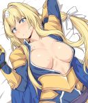  1girl alice_schuberg armor blonde_hair blue_cape blue_eyes blush braid breasts cape collarbone commentary_request eyebrows_visible_through_hair frown gauntlets hair_intakes hair_ornament hair_ribbon hairband large_breasts long_hair looking_at_viewer lying on_back ribbon shiseki_hirame shoulder_plates solo sweatdrop sword_art_online:_alicization very_long_hair white_hairband white_ribbon 