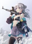  1girl :d ahoge badge bangs bare_shoulders black_gloves black_jacket black_legwear blue_nails breasts button_badge character_request cleavage collarbone commentary_request day fingerless_gloves fog girls_frontline gloves grey_skirt gun hair_bun highres holding holding_gun holding_weapon jacket kunoki_toki layered_skirt long_hair long_sleeves looking_afar looking_away medium_breasts miniskirt nail_polish navel off_shoulder open_clothes open_jacket open_mouth outdoors pleated_skirt purple_eyes side_bun silver_hair skirt smile smiley_face solo stomach telephone_pole thighhighs weapon weapon_request zettai_ryouiki 